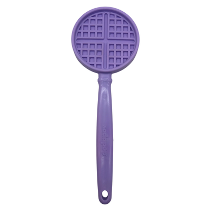 Purple waffle grid SodaPup hand-held lick stick with embossed logo on white background